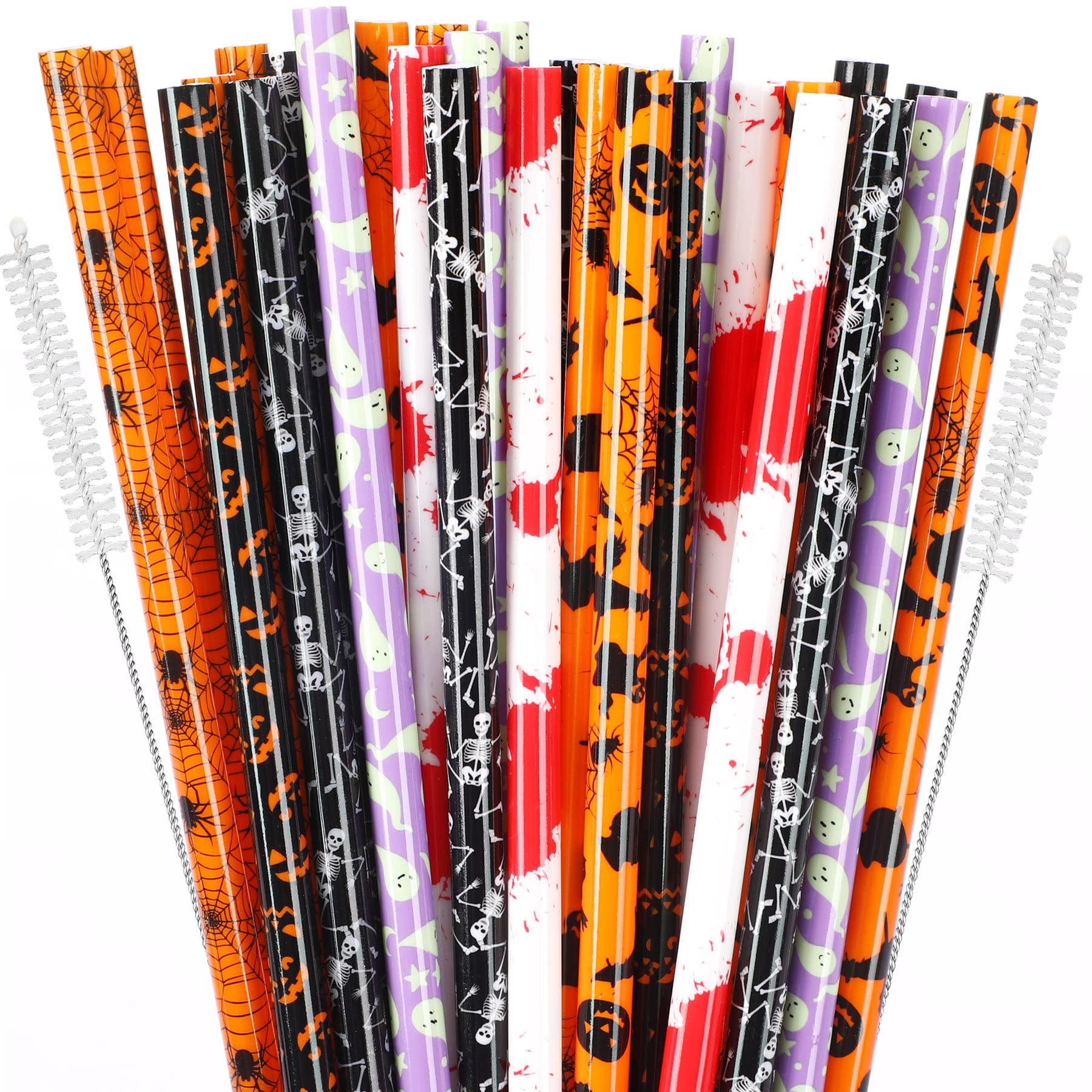 30 Pcs Halloween Reusable Straws 9" Pumpkin Bat Skeleton Spider Printing Hard Platic Drinking Straw for Mason Jar Tumbler Family Party Favors Cleaning Brush (Halloween)