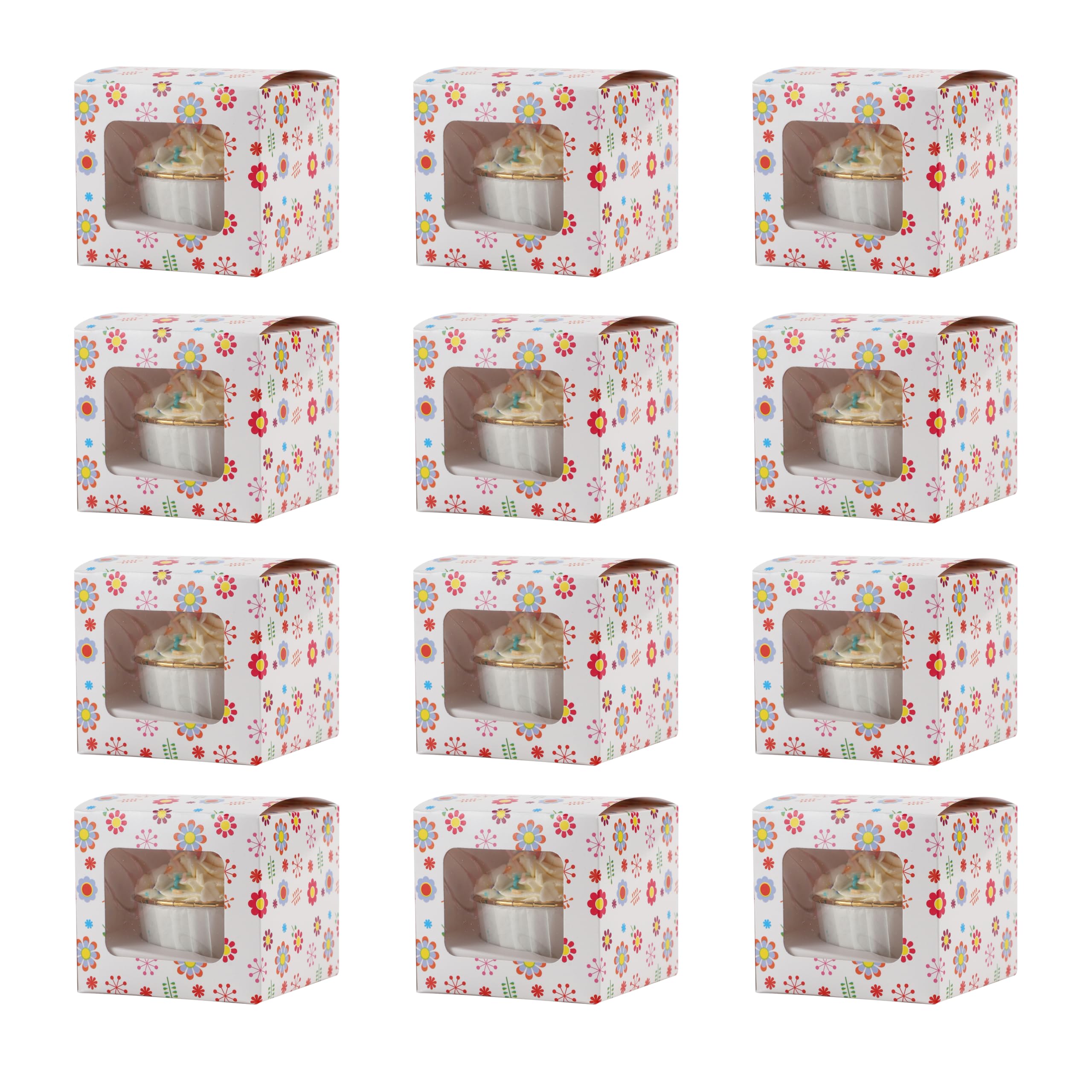 Komonee 50 x Cupcake Boxes Individual Pattern Single Fairy Cup Cake With Clear Window Cardboard Packaging Box Baking Kids Muffins Cookies Brownies Christmas Bake Weddings