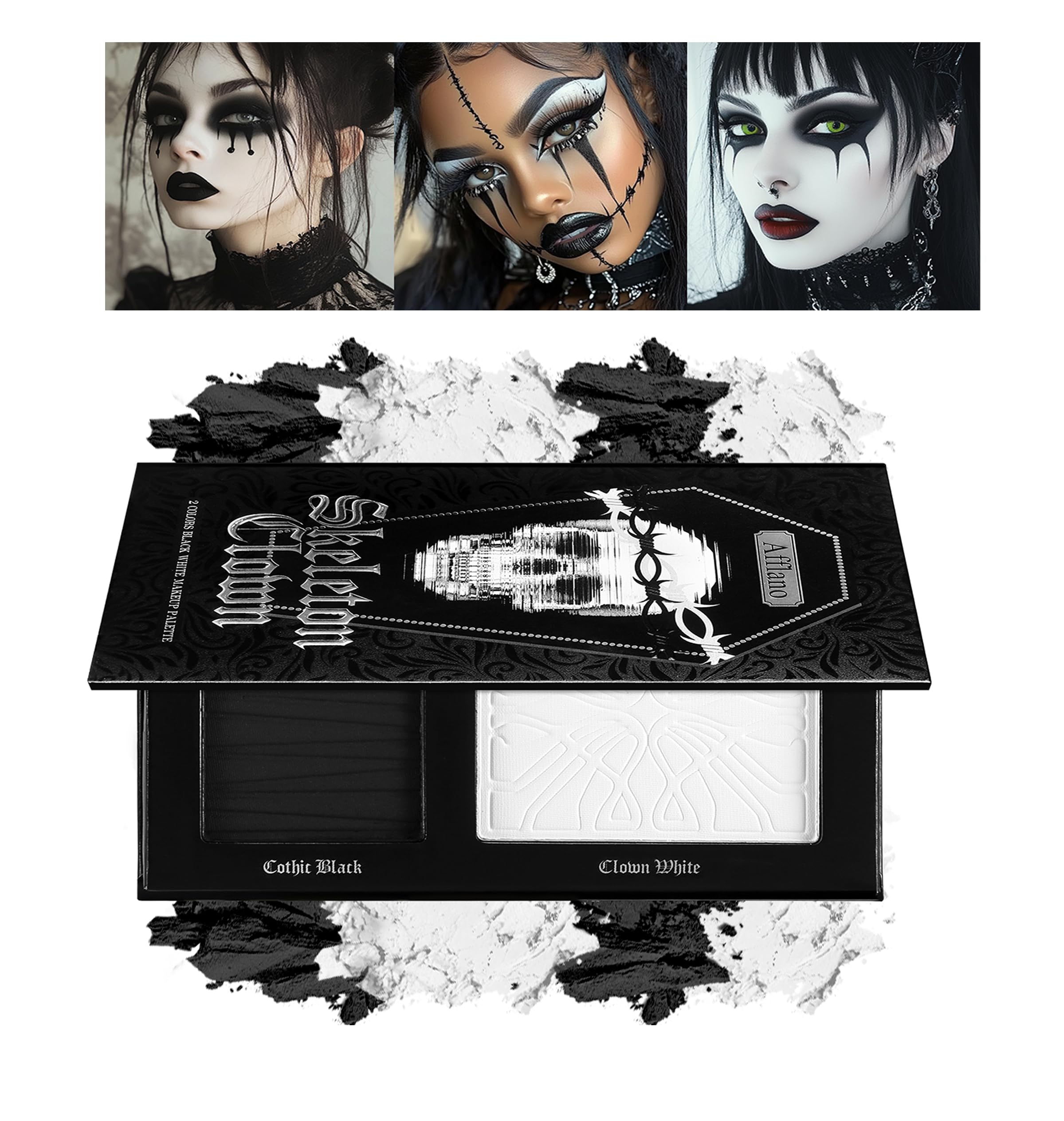 Photo 1 of Black White Makeup Palette, White Pressed Setting Powder Goth Halloween Black Gothic Foundation & EyeShadow Kit, Matte Finish for Smokey Eyes, High-Pigment Face Paint Skeleton Cosplay & Costume Looks