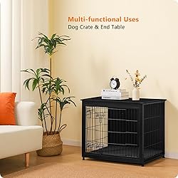 DWANTON Dog Crate Furniture with Cushion, Wooden