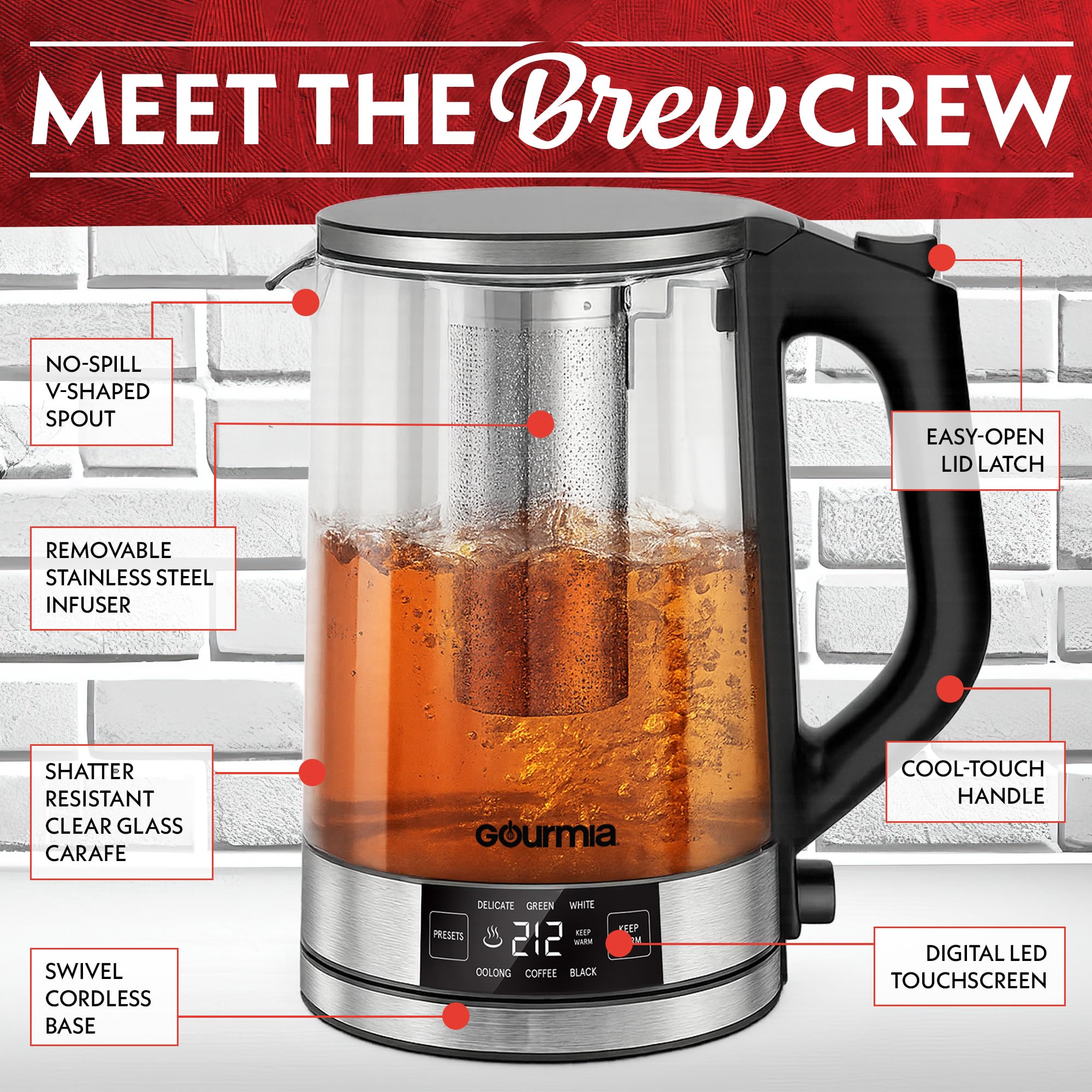 Gourmia Hervidor de vidrio digital programable - Hervidor eléctrico de temperatura ajustable de 1,7 L con 6 preajustes, mantiene caliente, infusor de té de acero inoxidable, base giratoria de 360°, negro