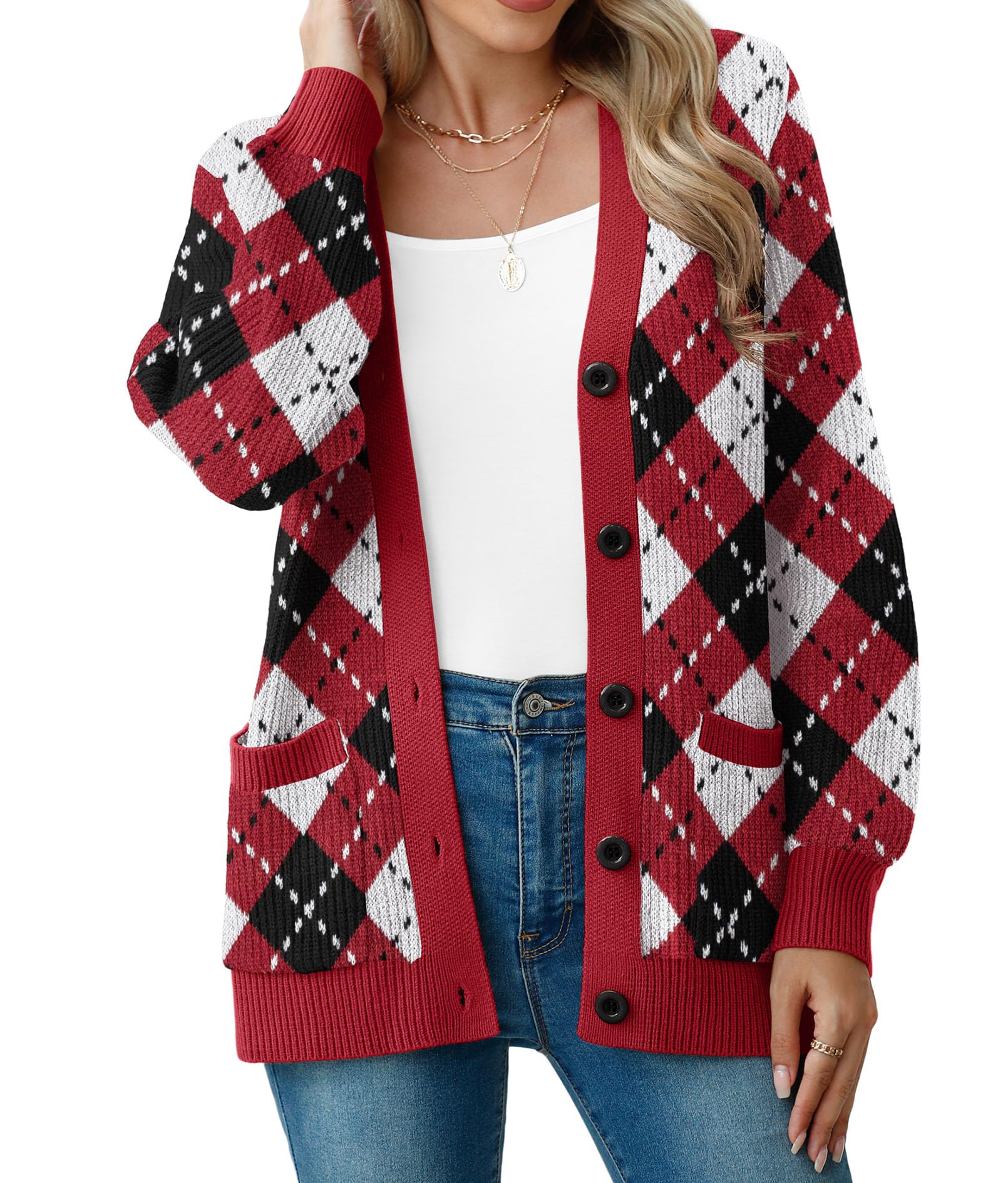 VIISHOW Open Front Cardigan Sweaters for Women Trendy Button Down Lightweight Pocketed Chunky Knit Sweater Cream Cardigans,Red Grid,Medium Image