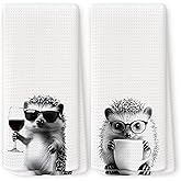 QZQE Funny Hedgehog Kitchen Towels Set of 2, Home Bar Decor, Wine and Coffee Lover Gifts, Bar Accessories Dish Tea Towels for Kitchen, Housewarming Gift Cute Animal Decorative Hand Towel 16x24 Inch