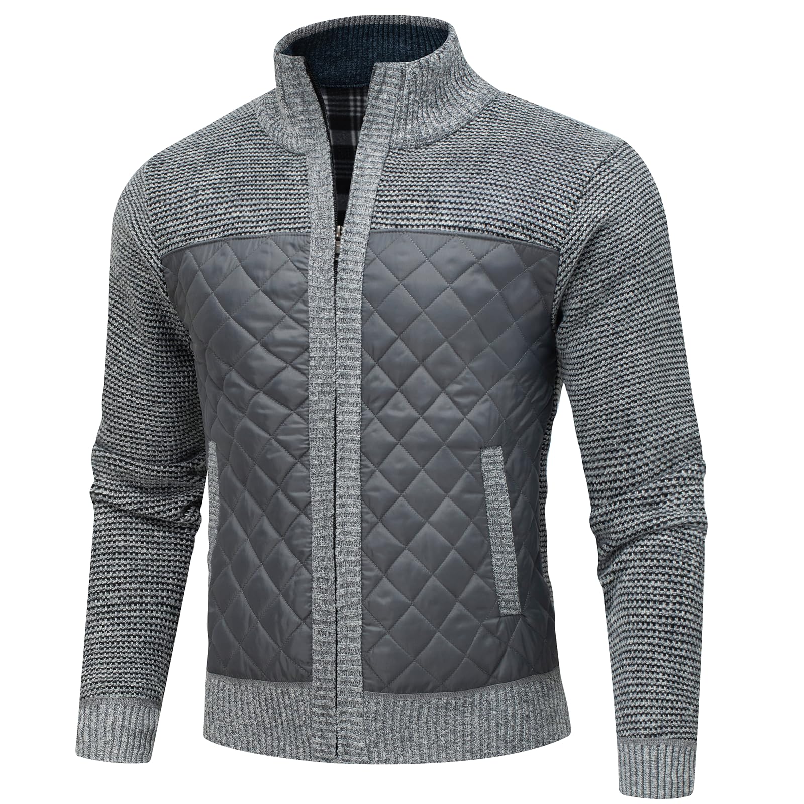 AKuVoL Men's Knit Cardigan Sweater Slim Fit Long Sleeve Stand Collar Zip Up Casual Sweater for Men Light Grey 2XL