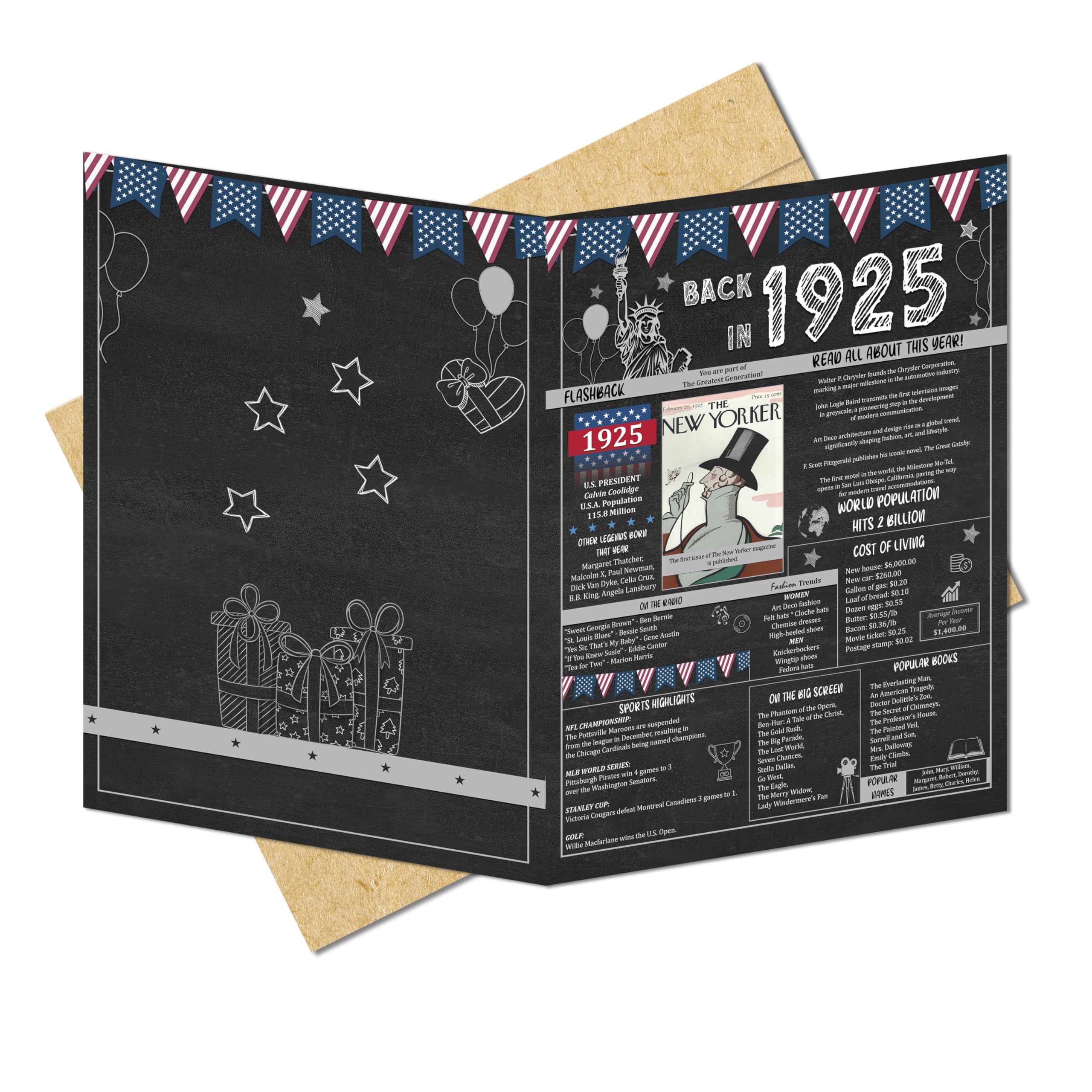 Photo 1 of 100th Birthday Gifts Ideas for Men or Women. Back In 1925 Giant Greetings Card. Bday Party Decor Home Supplies. Gift for him or her Turning 100 Years Old. Vintage 13x9 In Card with Mailing Envelope