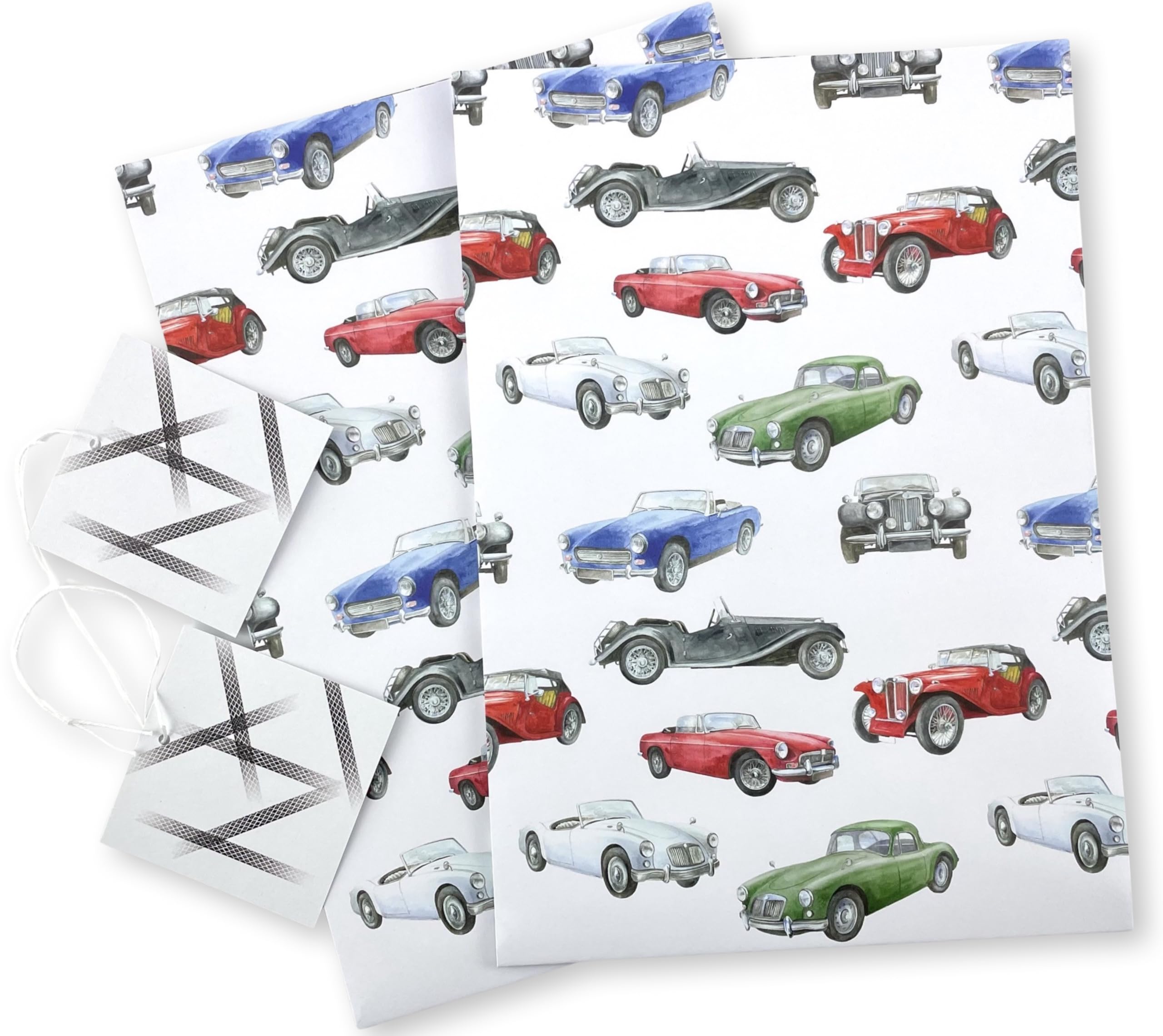Vintage Classic Car Recycled and Recyclable Gift Wrapping Paper and Gift Tags - 2 sheets and 2 tags - birthday for him - Father's day - art and craft