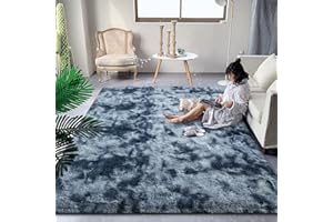 DweIke Fluffy Modern Area Rugs for Living Room Bedroom, 4x6ft Plush High Pile Tie-Dyed Rug for Kids Girls Room Nursery Home Decor, Upgrade Non-Slip Durable Rectangular Rug, Blue Grey