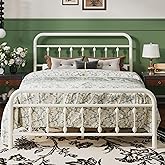 SHA CERLIN Queen Size Metal Platform Bed Frame with Victorian Style Iron-Art Headboard and Footboard, Easy Assembly, Under Bed Storage, No Box Spring Required, Off White