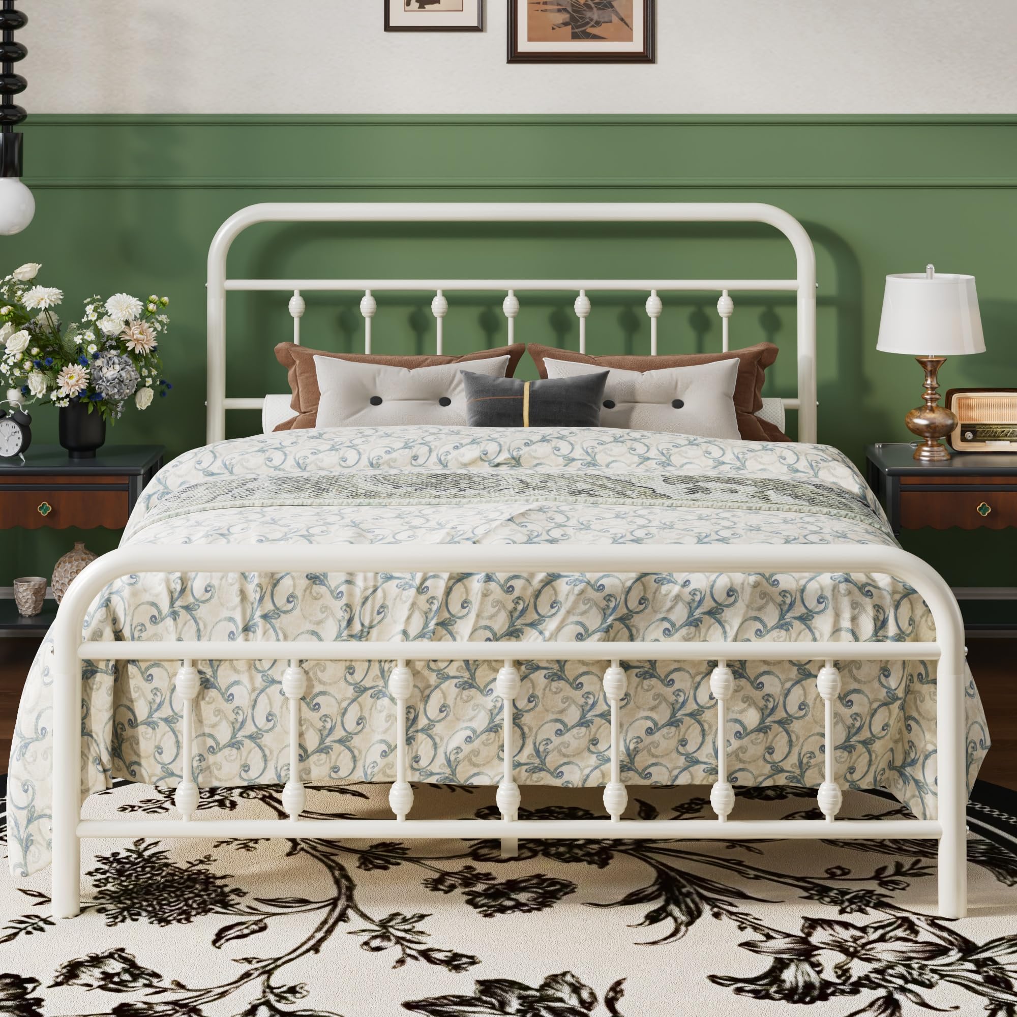 SHA CERLIN Queen Size Metal Platform Bed Frame with Victorian Style Iron-Art Headboard and Footboard, Easy Assembly, Under Bed Storage, No Box Spring Required, Off White