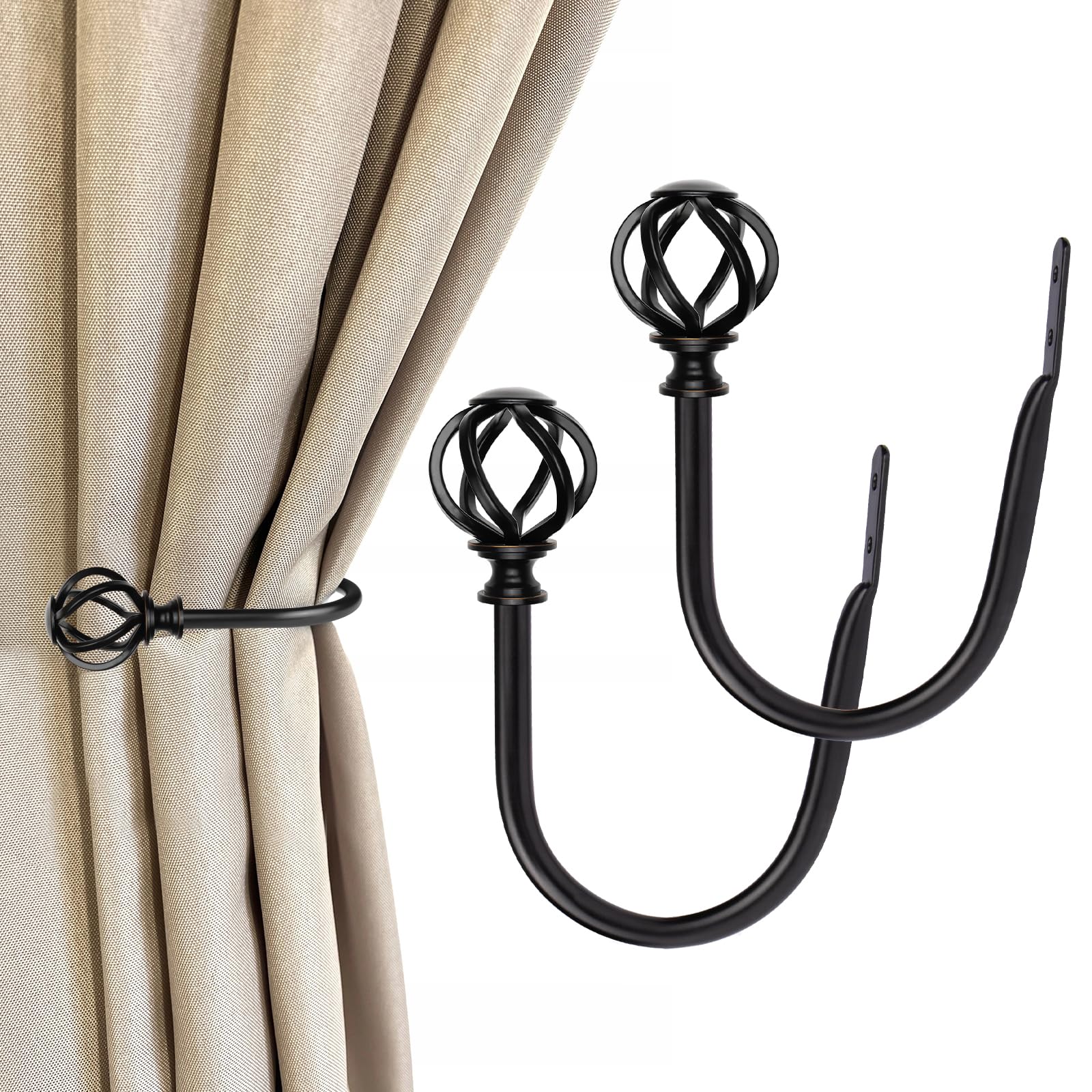 Photo 1 of 2 Pack Curtain Holdbacks, USFOOK Black Decorative Window Drapery Tiebacks (2 Pack/1 Pair), Curtain Tie Back Hooks for Wall with Twisted Cage Finials (3.45" L x 5.35" W)