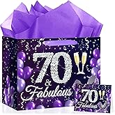 Neptniopllab 70th Birthday Gift Bag,Black & Purple Large Party Gift Bag with Tissue Paper and Greeting Card 70 & Fabulous Decorative Gift Bags for Women 70th Birthday Celebration Party Supplies