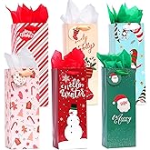 Nihuecne 12 Pack Christmas Wine Gift Bags with Tissue Paper & Tags for Xmas Holiday Present Wrap,6 Designs (5 x 13 x 4 In)