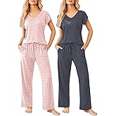 Ekouaer 2 Pack Womens Pajamas Short Sleeve Sleepwear Top with Pants Super-Soft Printed Lounge Sets S-XXL