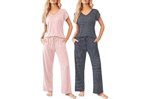 Ekouaer 2 Pack Womens Pajamas Short Sleeve Sleepwear Top with Pants Super-Soft Printed Lounge Sets S-XXL
