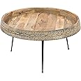 The Urban Port 29 Inch Modern Handcrafted Round Coffee Table, Natural Brown Wood Top with Carved Edge, Black Iron Legs
