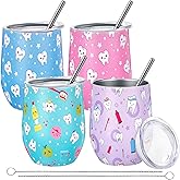 Umigy 4 Pcs Dental Assistant Gifts, Teeth Dentist Wine Tumbler, 12 oz Stainless Steel Coffee Travel Mug, Vacuum Insulated Tumbler Cup with Straw Lid and Brush Dental Hygienist Christmas Birthday Gifts