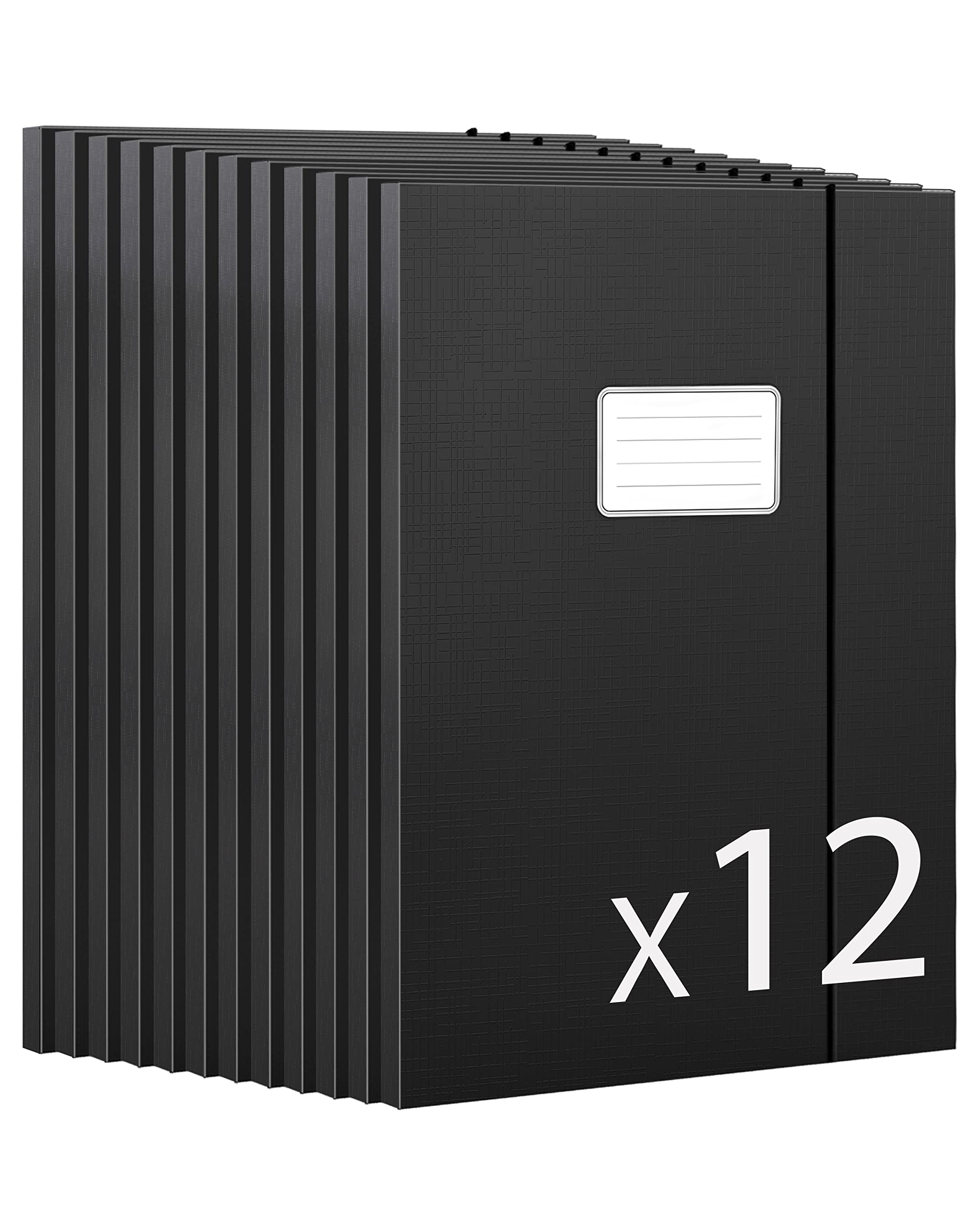 JiaWei Folders for Paperwork A4, Pack of 12 File Folder, 11mm Spine, Made of 350 g/㎡ Strong Cardboard with 3 Flaps & Elastic Strap, Document Organiser - Black