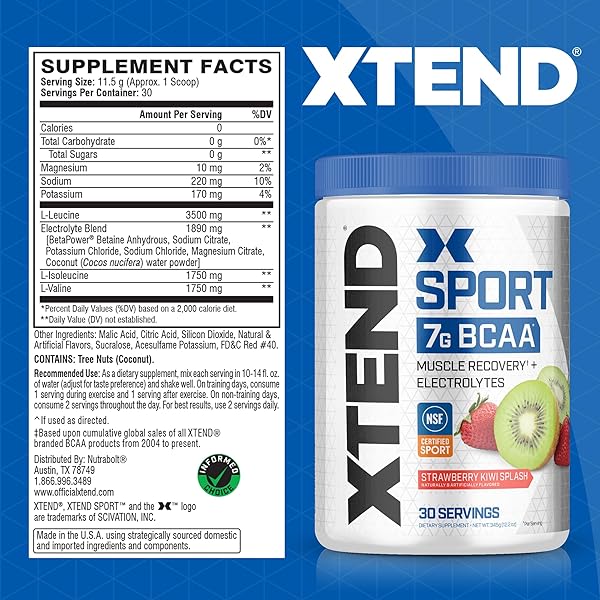 XTEND SPORT BCAA POWDER STRAWBERRY KIWI SPLASH – ELECTROLYTE POWDER FOR RECOVERY & HYDRATION WITH AMINO ACIDS – 30 SERVINGS