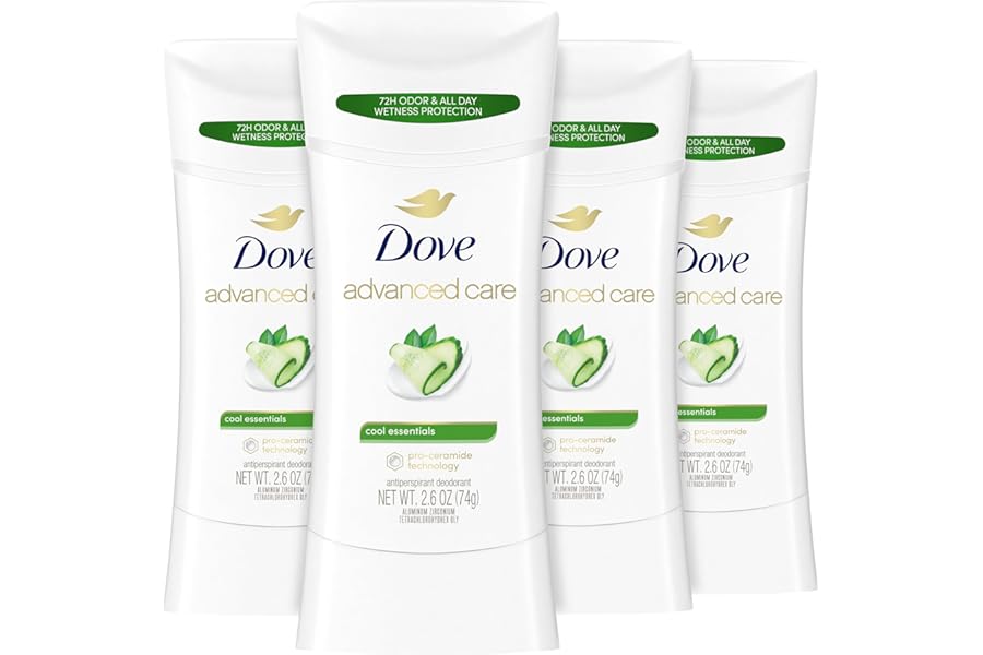 Dove Advanced Care Antiperspirant Deodorant Stick Cool Essentials 4 ct for helping your skin barrier repair after shaving 72 hour odor control and sweat protection with Pro Ceramide Technology 2.6 oz