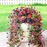 Fierscial Artificial Flowers for Outdoors, 2PCS Spring Floral Arrangements with Faux Silk Daisy, UV Resistant Fake Hanging Plants for Outdoor Porch, Garden, Indoor Hanging Basket Decor (Purple+Red)