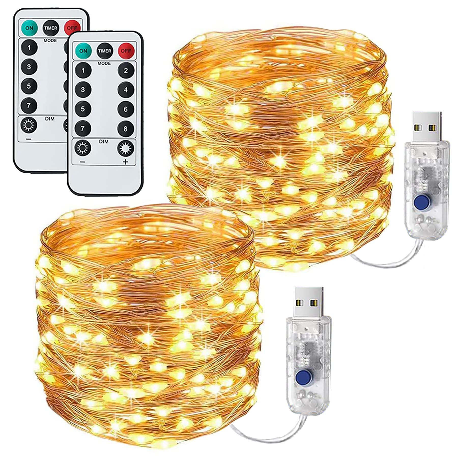 Lezonic [2 Pack] Fairy String Lights, 120LED 12M/40Ft 8 Modes USB Plug in Powered Copper Lights Waterproof for Outdoor/Indoor with Remote Timer Bedroom, Party, Wedding, Christmas(Warm White)