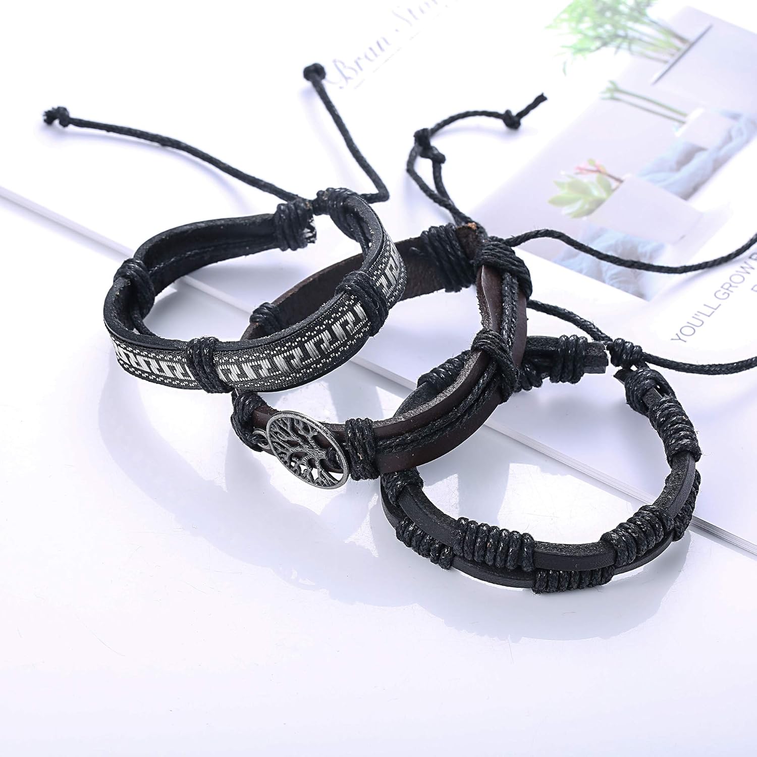 Finrezio 24 Pcs Braided Leather Bracelet Set for Women Men Wristbands Boho Ethnic Tribal Linen Hemp Cords Beads Wrap Bracelets String Handmade Jewelry: Jewelry
