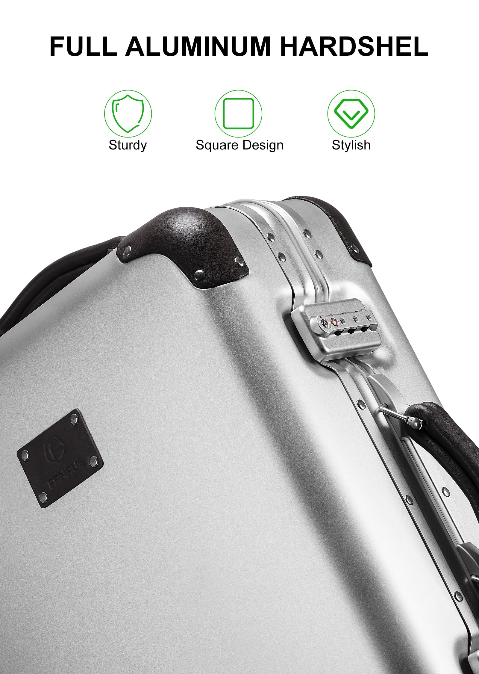 FANAUE 20 Inch All Aluminum Magnesium Carry On Luggage - Zipperless with TSA Lock and Spinner Wheels, Silver