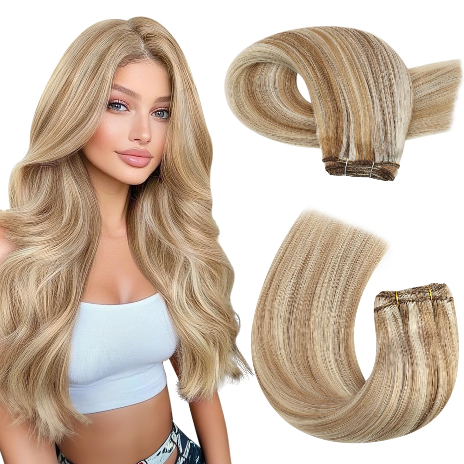 Moresoo Sew in Hair Extensions 20 Inch Medium Brown with Platinum Blonde Double Weft Hair Extensions Real Human Hair Highlight Blonde 100g/Pack #P6/60 — image 1