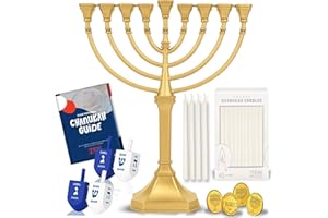 ZION JUDAICA LTD Value Complete Menorah Kit - Traditional Grace Hanukkah Candle Menorah with 44 Chanukah Candles, 4 Dreidels. Chanukkah Handbook Guide a Sack of Chocolate Gelt (Satin Gold)
