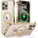 GolbinBox for iPhone 16 Pro Case with 360° Spin Magnetic Stand,[Compatible with Magsafe] [Military Protection][Built-in Ring Holder] Camera Control Phone Case for 16 Pro,Gold/Clear