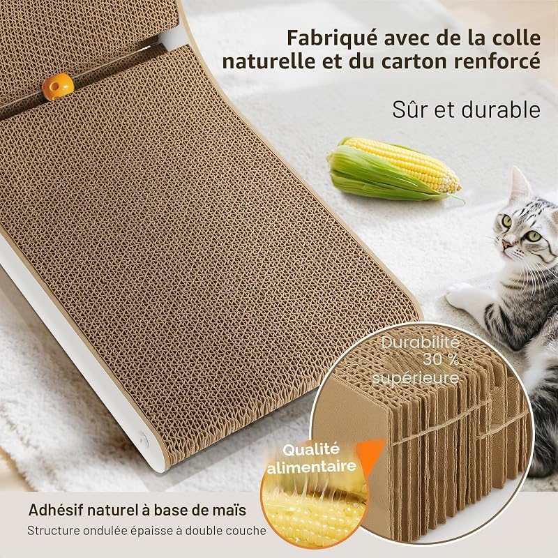 Griffoir Chat Carton en Forme de L 68cm, Épais avec Boules en Peluche et à Grelot, Grande Taille à Fixer au Mur, Jouet pour Protéger Meubles