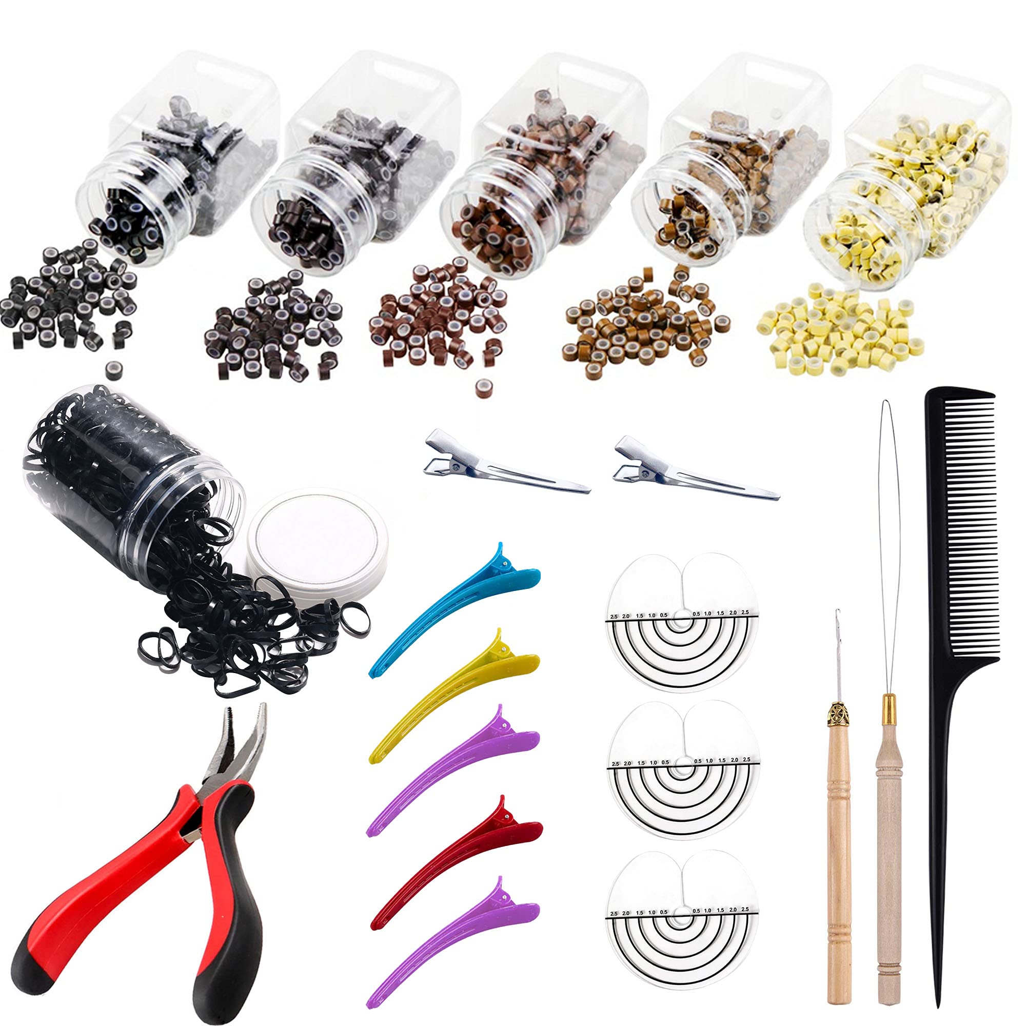 Allazone Hair Extension Tool Kit Hair Extensions Pliers, 2500 PCS Micro Ring Beads, Hook Needle Pulling Loop, Comb, Mini Rubber Bands, Hair Extension, Hairpin for Hair Styling Tools Accessory