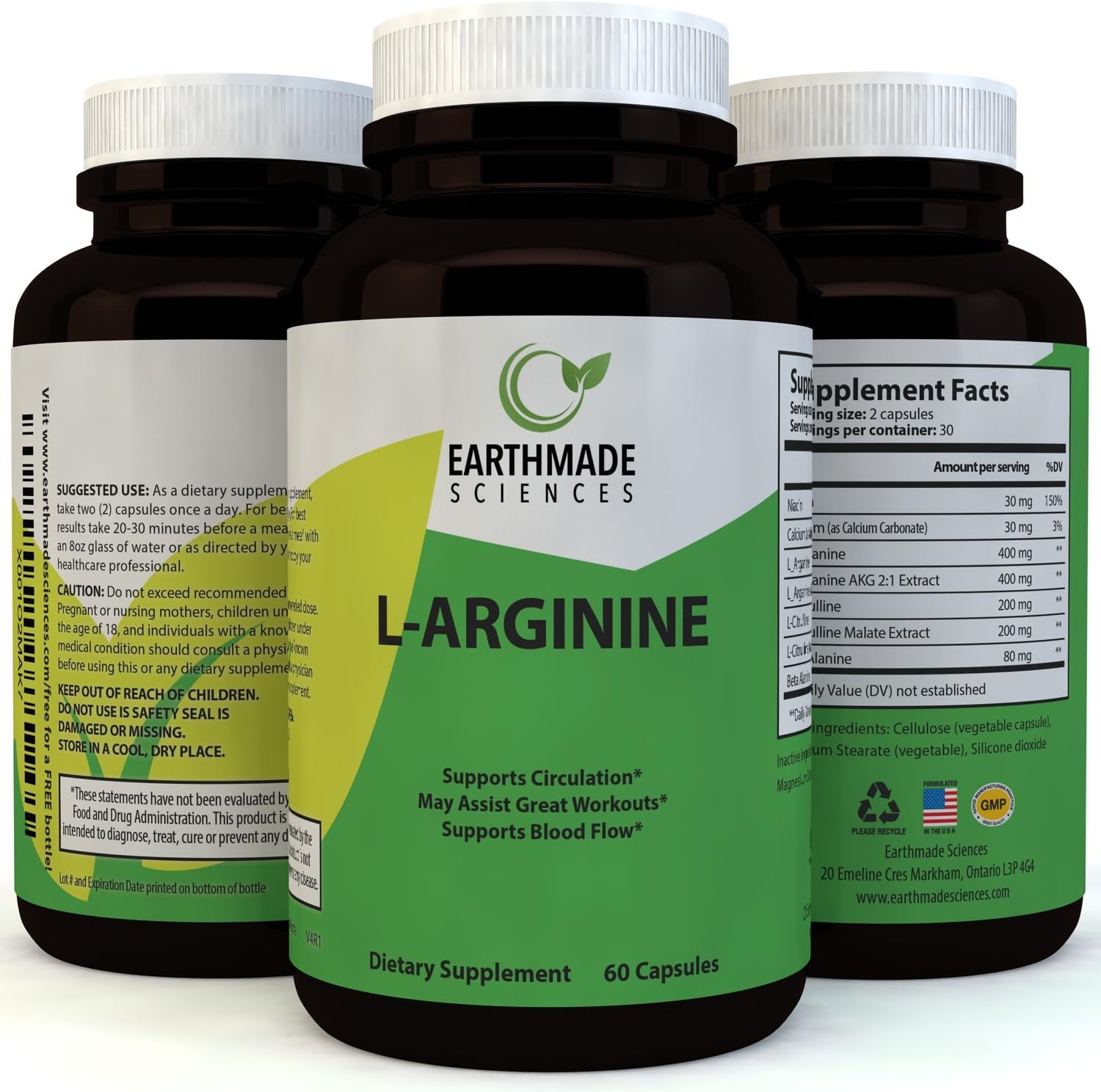 L-Arginine Supplement Workout Enhancer Amino Acid - Natural Muscle Builder and Endurance Booster Superior Performance Pure L-Arginine Capsules Nitric Oxide Blast Support - by Earthmade Sciences