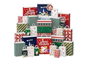 BlessedSeason 28 Pack Christmas Gift Bags, 12 Designs Christmas Bags for Gifts, Assorted Sizes Holiday Gift Bags for Christmas Presents, Reusable Christmas Gift Bag (7 Jumbo, 7 Large, 7 Medium, 7 Small)