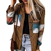 Perbai Womens Corduroy Flannel Shirt Long Sleeve Button Down Aztec Loose Shacket Jacket with Pockets