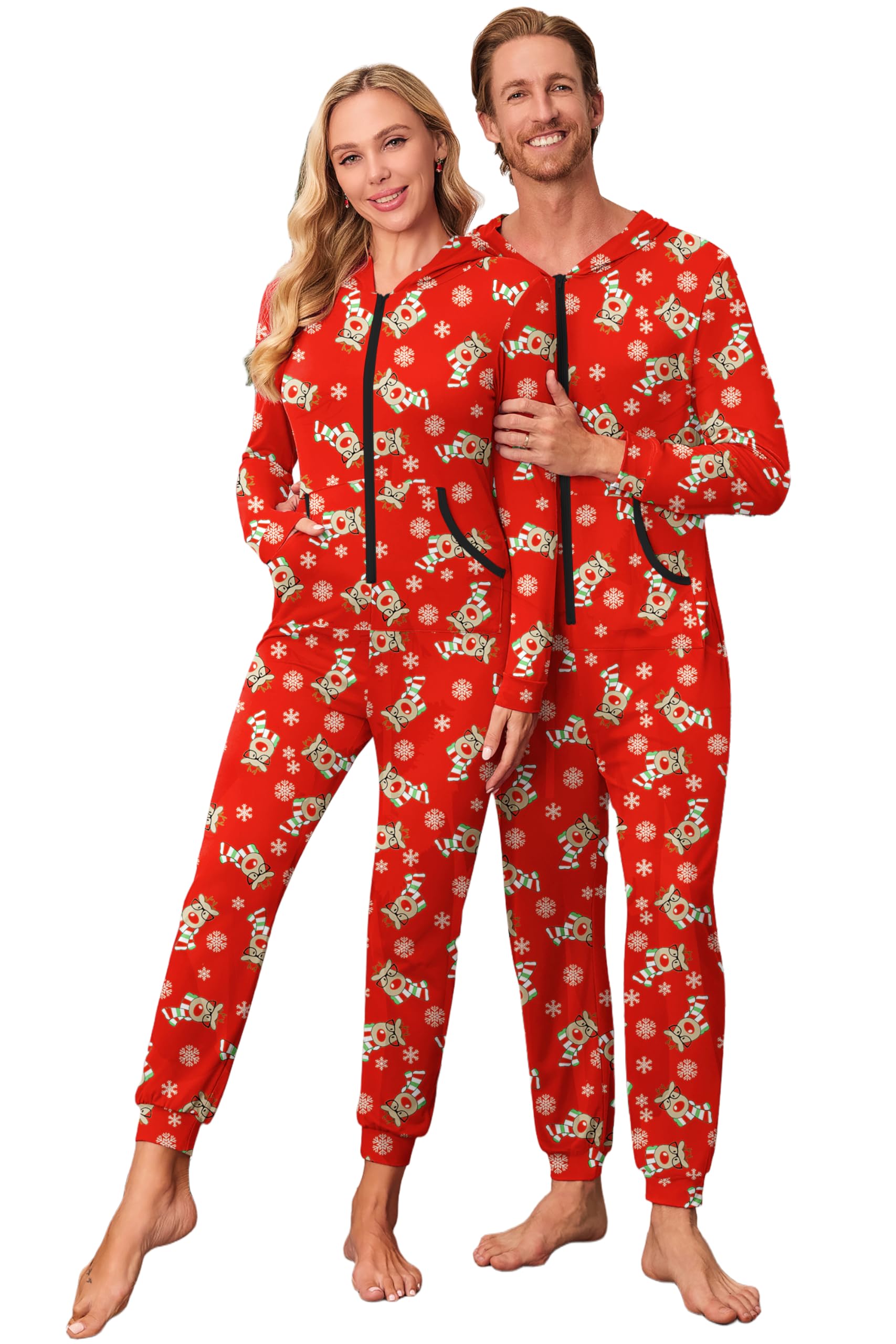 Photo 1 of Ekouaer Christmas Matching Onesie for Couples Zipper One Piece Pajamas Adult Hooded Jumpsuit with Pockets Red Reindee S
