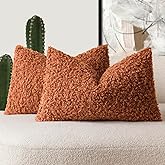 Foindtower Set of 2 Curly Teddy Wool Pillow Covers Decorative Boucle Textured Lumbar Throw Pillow Faux Fur Sherpa Pillowcases Sheepskin Fuzzy Cushion Case for Sofa Bedroom Car 12"x20" Burnt Orange
