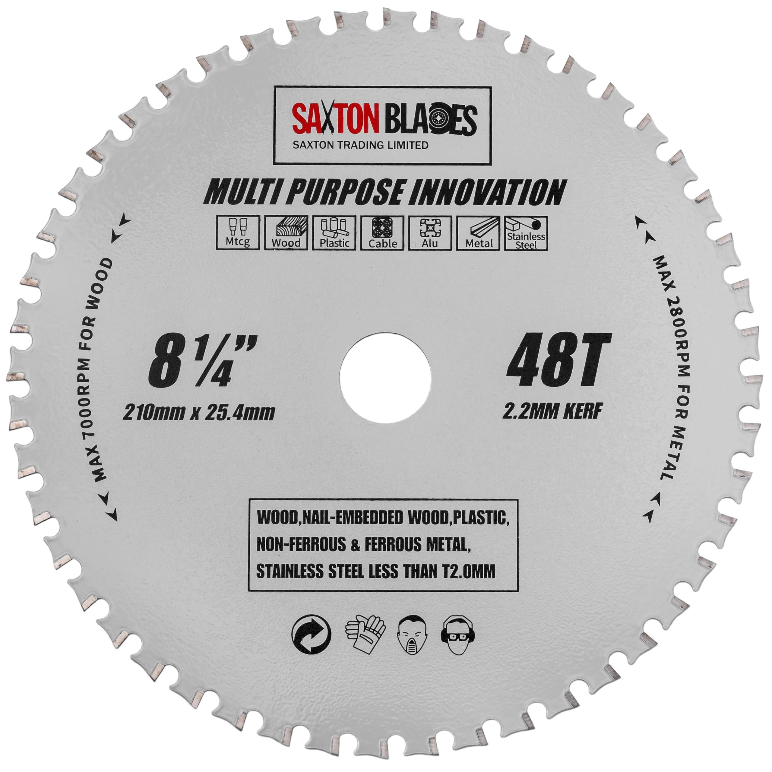 TCT21048TMPT254B Saxton TCT Multi Purpose Innovation Circular Saw Blade 210mm x 48T X 25.4mm Bore Wood and Metal fits Evolution