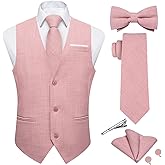 DiBanGu Mens Linen Suit Vest Casual Waistcoat and Necktie & Pre-tied Bowtie Set 6PCS Solid Color Dress Vest for Wedding Party