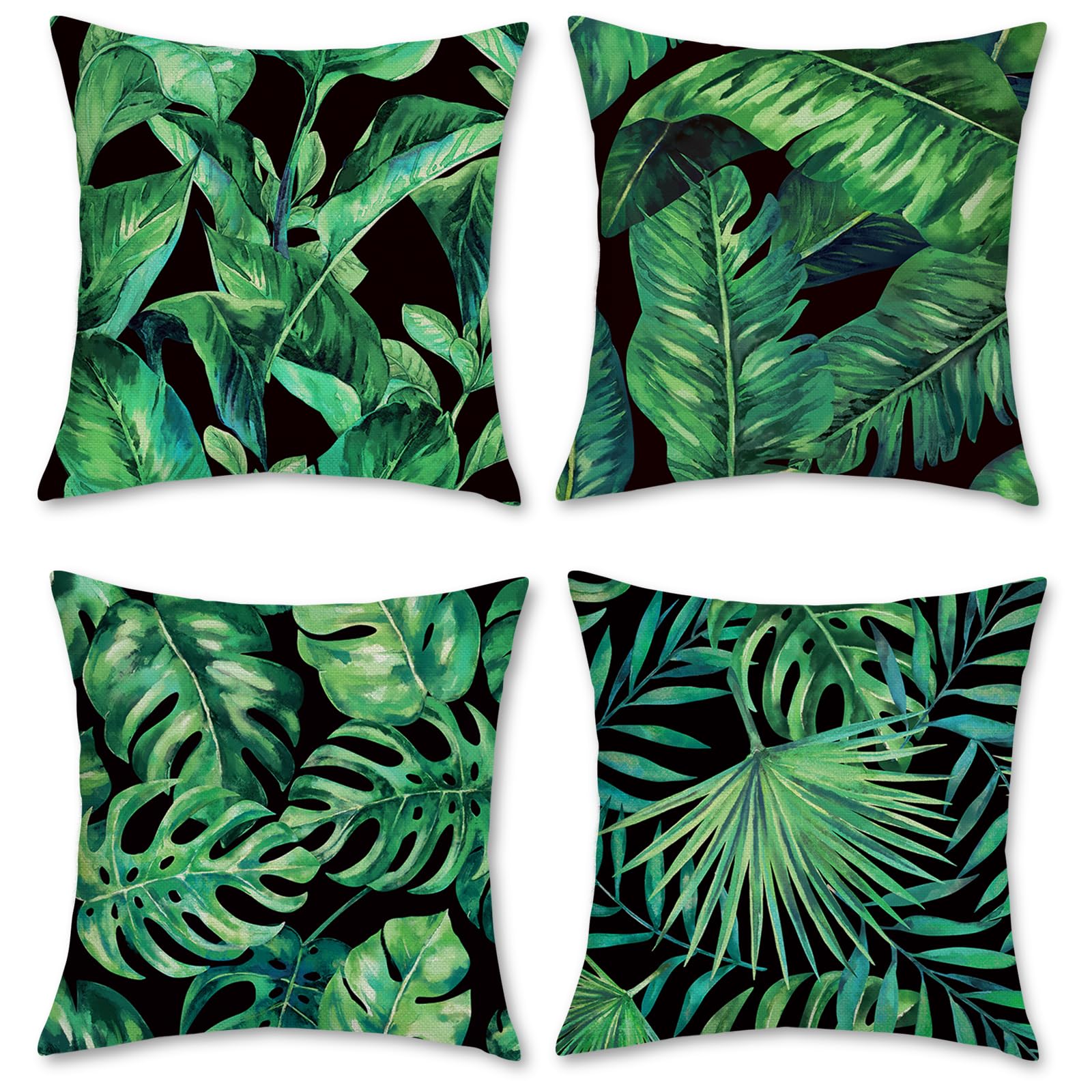 Bonhause Tropical Leaves Cushion Covers 45 x 45 cm Green Leaf Decorative Throw Pillow Covers Polyester Linen Pillowcases for Sofa Patio Outdoor Home Decor Set of 4