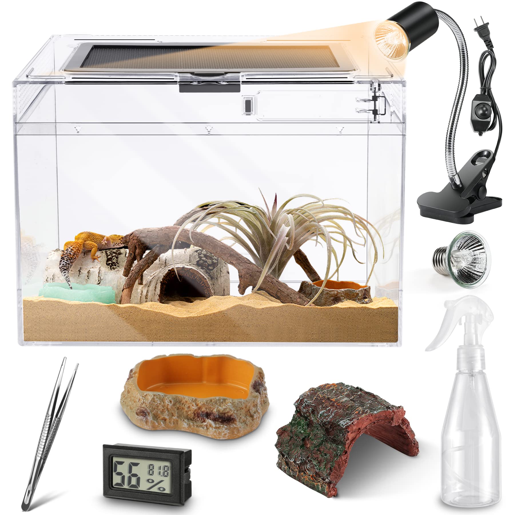 Photo 1 of Reptile PC Terrarium, Anti Breakage 12x7x9 inch Amphibians Tank Starter Kits, Top Sliding Door Screen Ventilation Mini Habitat Cages, Hygrometer Thermometer, Hide Cave, Vines, Tweezer, Sprayer