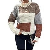 SHENHE Women's Color Block Sweater Mock Neck Long Sleeve Fall Chunky Knit Sweater Pullover