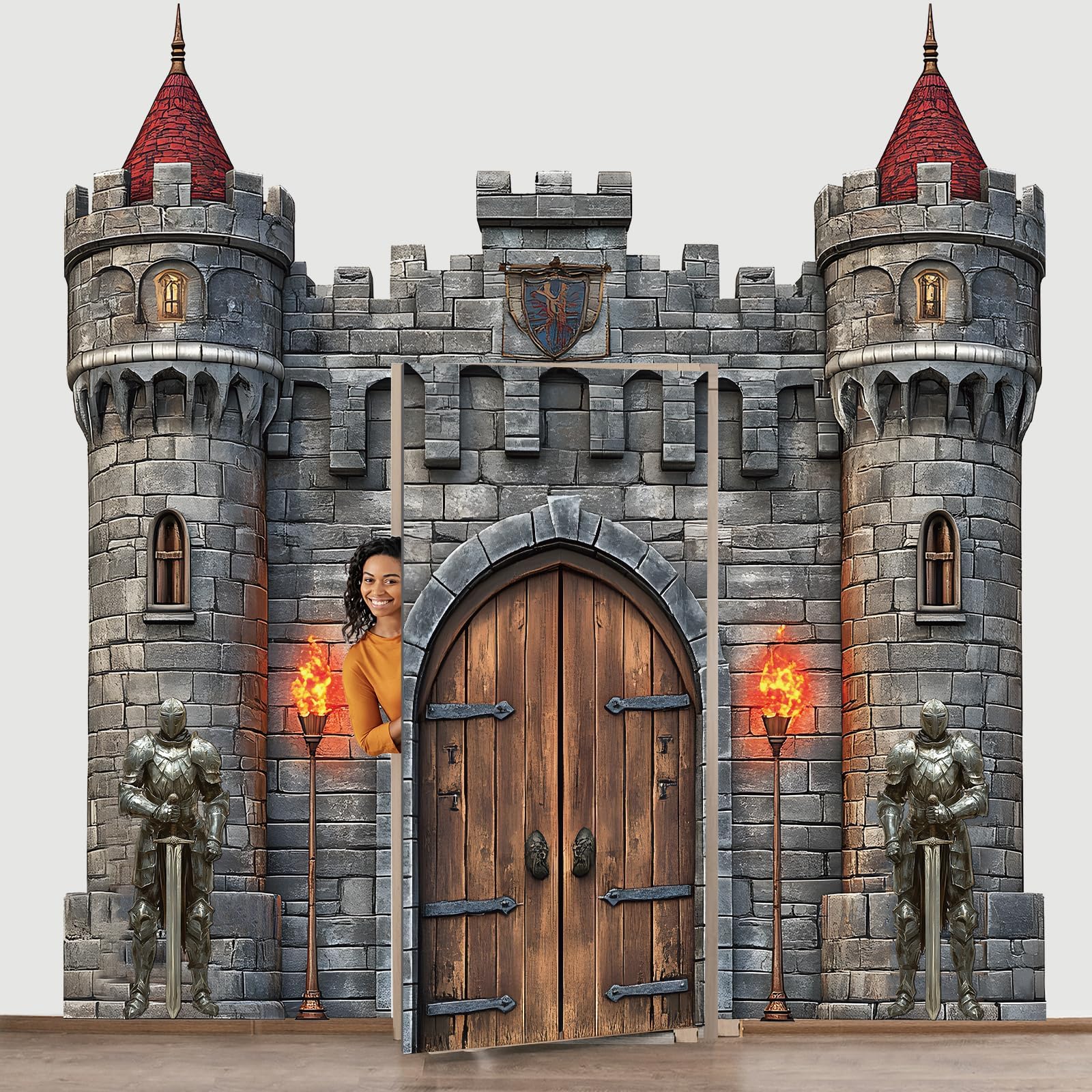 Photo 1 of 4 PCS Medieval Entryway Party Decorations Castle Door Covers Hanging Banner Porch Sign Medieval Castle Photo Props Background Torch Knight Porch Banner for Birthday Halloween Party Door Decor Supplies