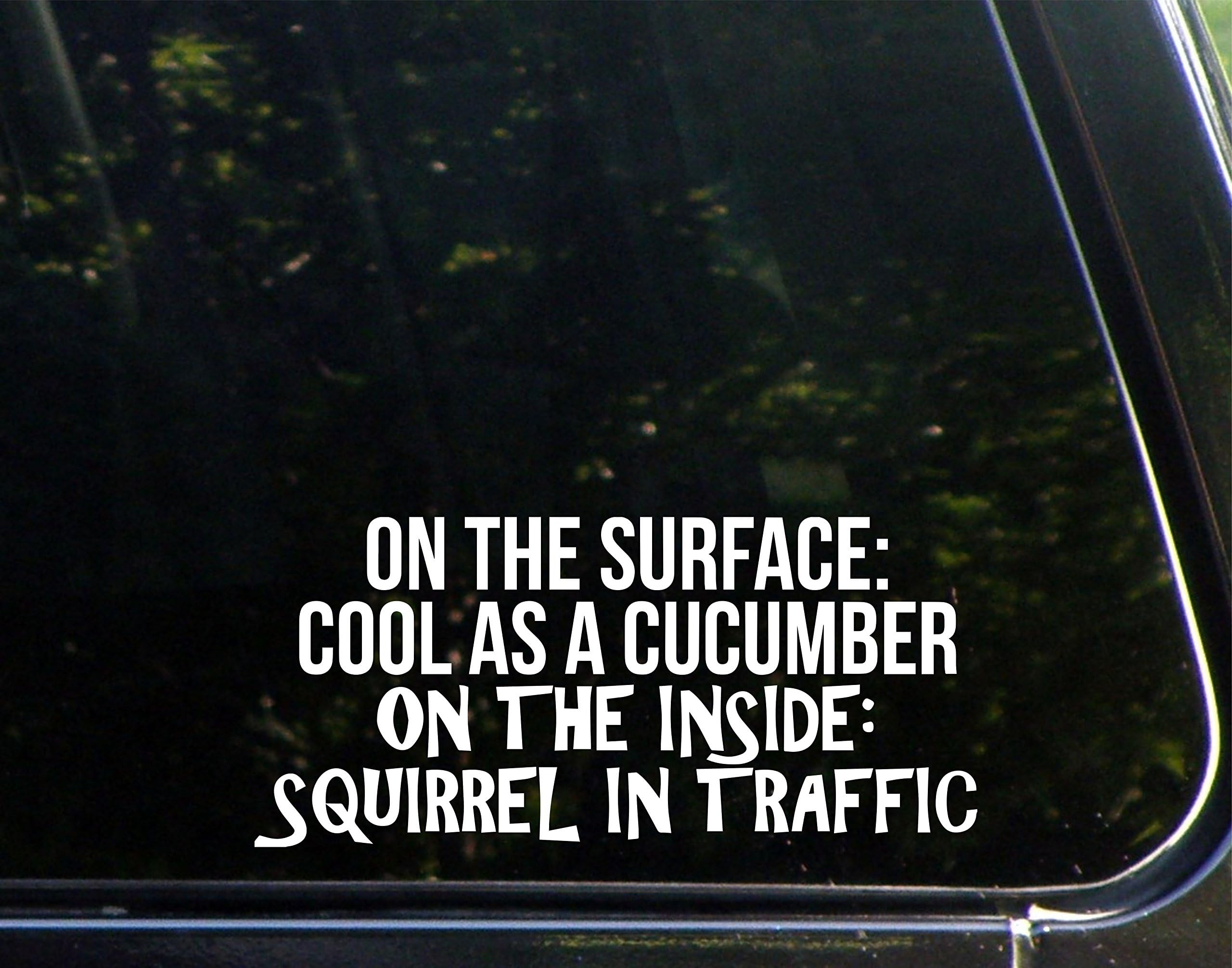 Vinyl Productions On The Surface Cool As A Cucumber. On The Inside Squirrel in Traffic - 8-1/4" x 3-3/4" - Decal Sticker for Windows, Bumpers, Laptops, Cell Phones, Glassware etc.