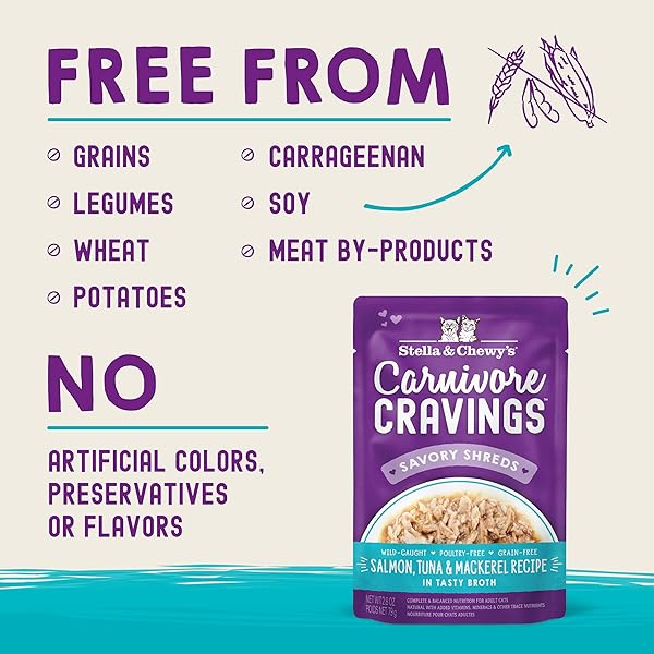 STELLA & CHEWY’S CARNIVORE CRAVINGS WET CAT FOOD – PREMIUM POUCHES – GRAIN FREE, HIGH PROTEIN SALMON, TUNA & MACKEREL – PERFECT FOR PICKY EATERS – COMPLETE MEAL OR TOPPER (2.8 OZ, 12 PACK)
