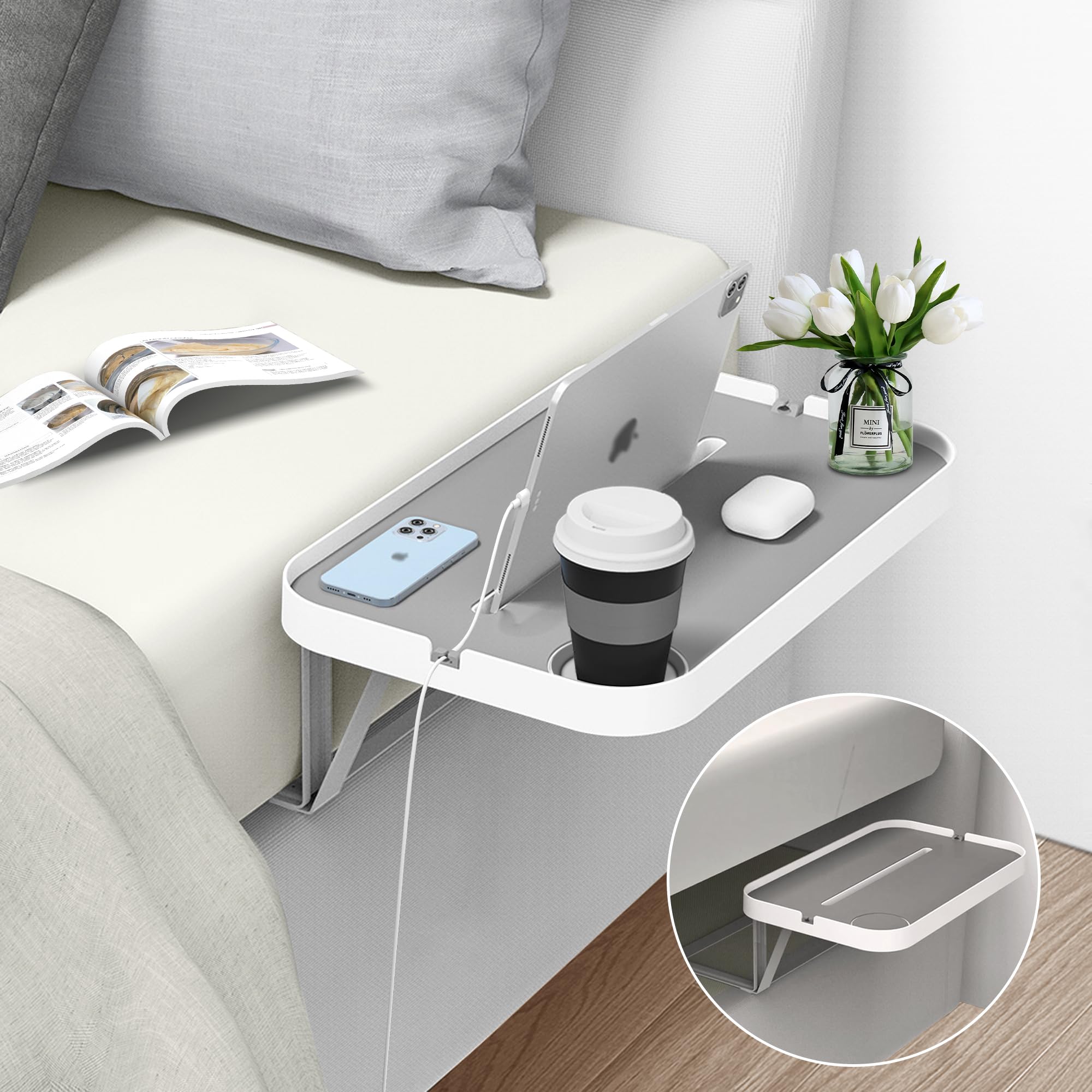 KIWIFOTOS Bedside Shelf for Bed without Side Frame, Nightstand Tray for Platform Bed with Cup Holder, Cable Organizer, Mute Design(Model-L)
