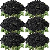 Jexine 50 Pcs Artificial Rose Flower Bulk Realistic Silk Fake Roses with Long Stem Plastic Artificial Flower Bouquet Real Looking for Home Wedding Centerpieces Party Decoration(Black)