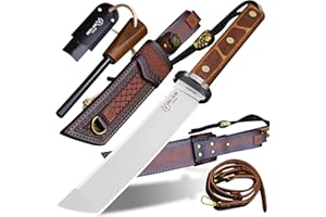 BA-KOR 7mm 9CR18MOV steel (15.6IN) sandalwood handle full Tang fixed knife+scabbard+(single shoulder strap)&(5.9IN) cerium igniter, suitable for outdoor hunting, camping, survival, EDC tool knife