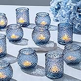 WELLIFE 24-Piece Blue Glass Votive Candle Holders Set – Tealight Candle Holder Glass Bulk with 12 Round & 12 Hammered Textured Cups, Blue Votive Candle Holders for Weddings, Parties, Home