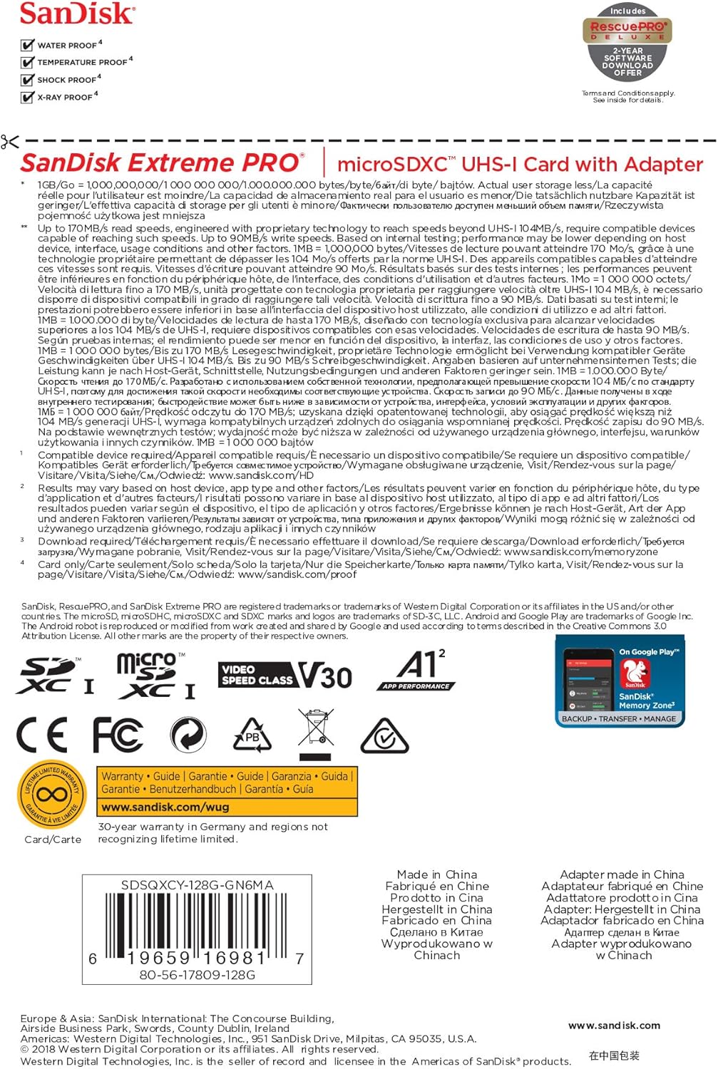 SanDisk Extreme Pro SDXC UHS-I U3 A2 V30 128GB + Adapter, SDSQXCY-128G-GN6MA: Computers & Accessories